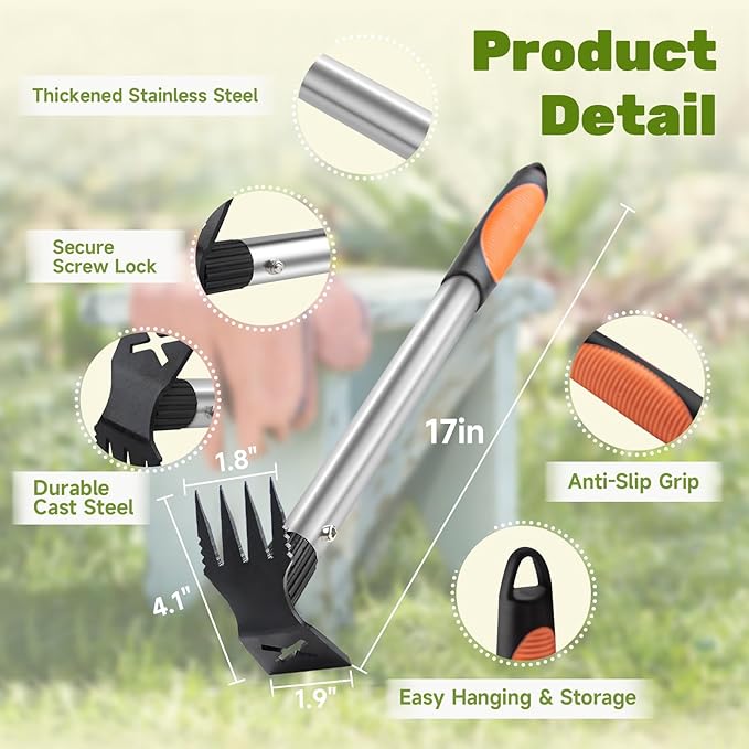 NICOFPHY Weed Puller Tool 2 Pack, 2 in 1 Manual Weeding Rake and Garden Hoe, 17" Uprooting Weeder Remover Tool for Yard Lawn Patio and Garden, Portable Gardening Hand Tools for Veggies Flower Planting
