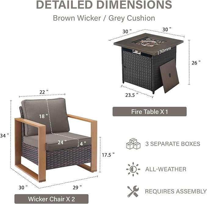 Belord Social 5 Pieces Patio Furniture Set - Patio Chairs Set of 4 with 50000BTU Propane Fire Pit Table, Durable Wicker Outdoor Conversation Set for Casual Gathering