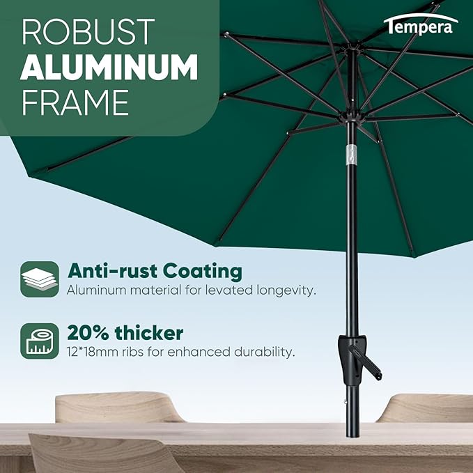 Tempera Patio Market Outdoor Table Umbrella with Push Button Tilt and Crank, Large Sun Umbrella with Sturdy Pole & Fade Resistant Canopy, Easy to Set