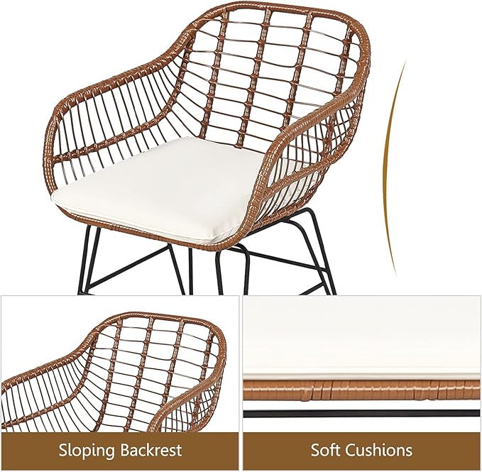 DORTALA 3 Piece Patio Bistro Set, Outdoor Wicker Furniture with Round Tempered Glass Top Table & 2 Rattan Armchairs, Cushions, Conversation Set for Porch, Backyard, Garden, White