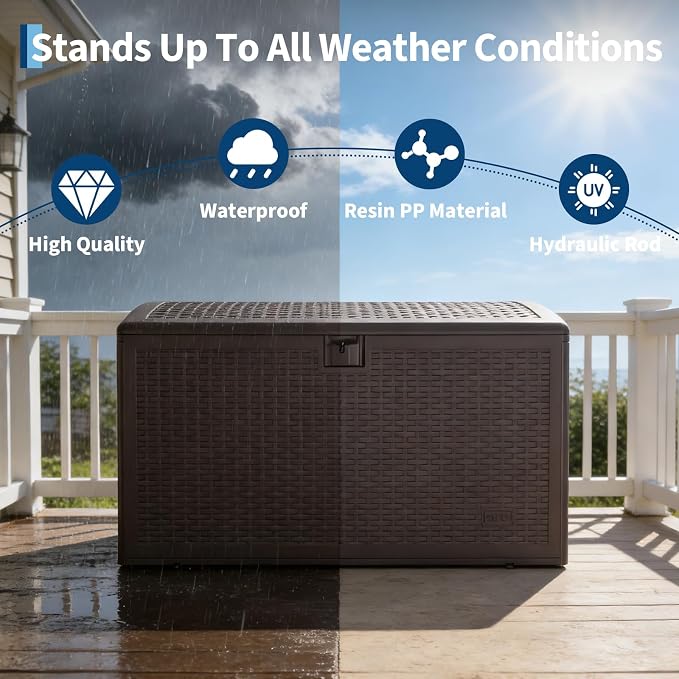 120 Gallon Waterproof Outdoor Storage Deck Box - Large Resin Patio Storage with Lockable Gas Spring Lid - Weather Resistant, Ideal for Cushions, Tools, Pool Accessories - Brown, Gas