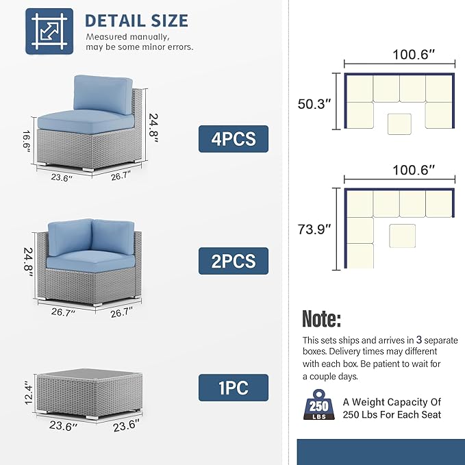 SUNCROWN Outdoor Patio Furniture Set 7 Piece Outdoor Sectional Sofa Grey Wicker Conversation Sofa Set with Coffee Table, Cushions and Waterproof Cover,Light Blue
