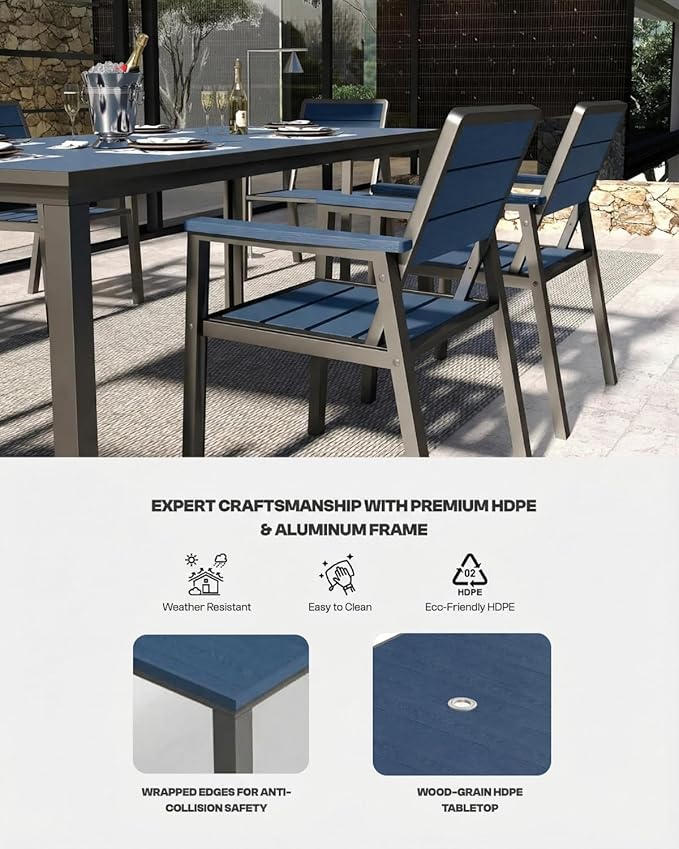 7-Piece Patio Dining Set, Aluminum & HDPE Outdoor Table and Chairs, Weather-Resistant All-Season Backyard & Deck Dining Furniture with 2" Umbrella Hole (Navy)