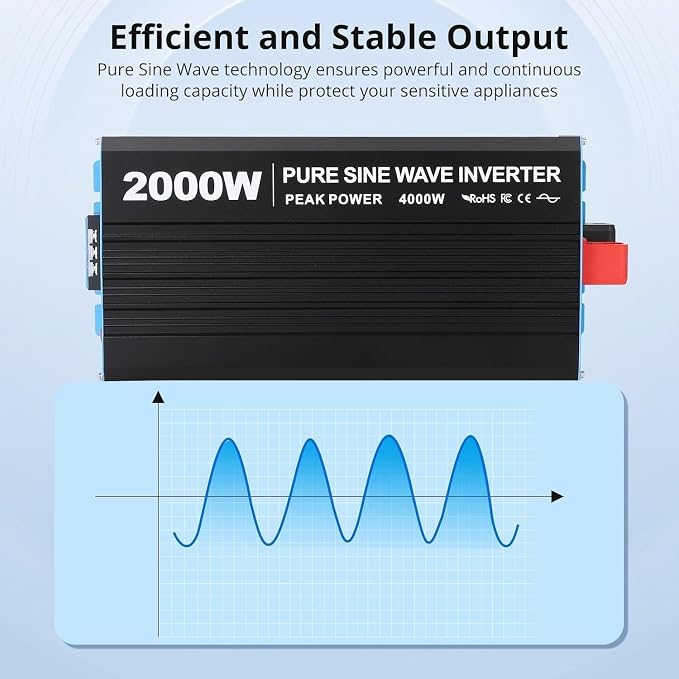 Power Inverter 2000 Watt Pure Sine Wave 12V DC to 110V/120V AC 4000W Peak Converter for Family RV Off Grid Solar System with 3 AC Outlets LCD Display Remote Control and 2.1A USB Charging Port