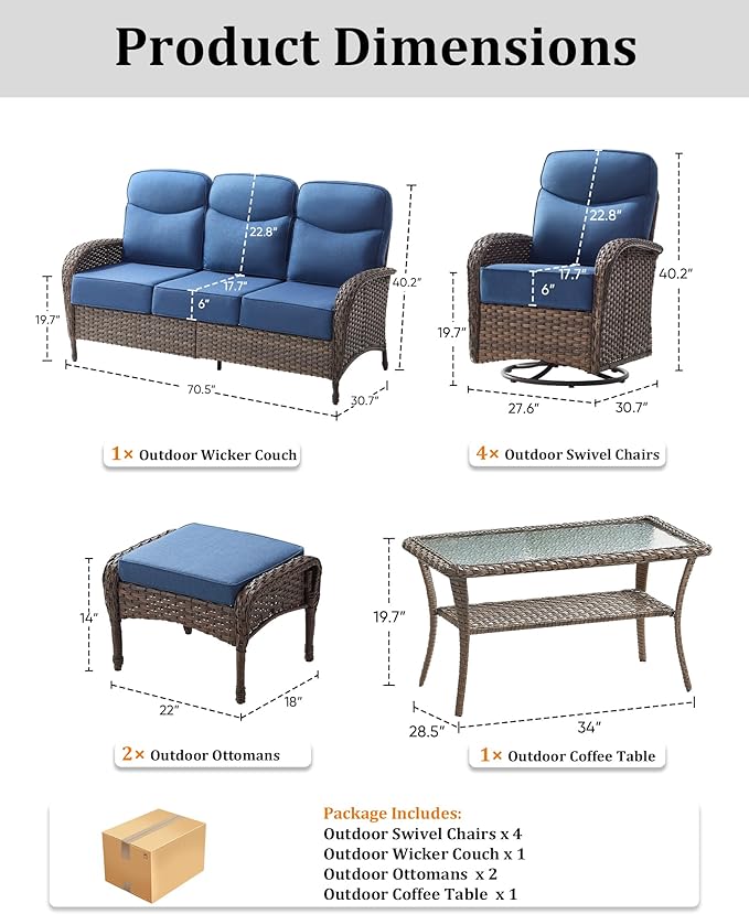 8-Piece Luxury Patio Furniture Set with 6-Inch Thick Cushions, High-Back Outdoor 4 Swivel Rocking Chairs with Wicker Coffee Table, All-Weather Conversation Set for Porch, Deck, Yard or Poolside –Blue