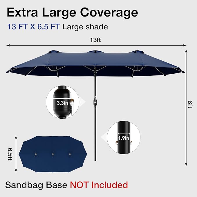 Joyside 13FT Large Patio Umbrella, Outdoor Double Sided Umbrella, Rectangle Umbrella with Crank Handle, 12 Sturdy Ribs for Deck, Porch and Pool
