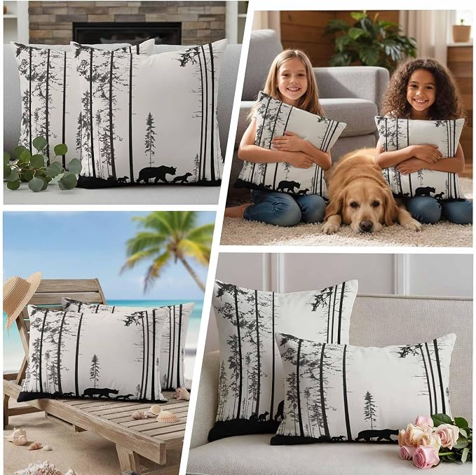 Abstract Outdoor Waterproof Throw Pillow Covers Set of 2, 20"x20", Animal Bear Family Forest Trees Silhouette Decorative Pillow Covers Outside Cushion Case for Patio Porch Garden
