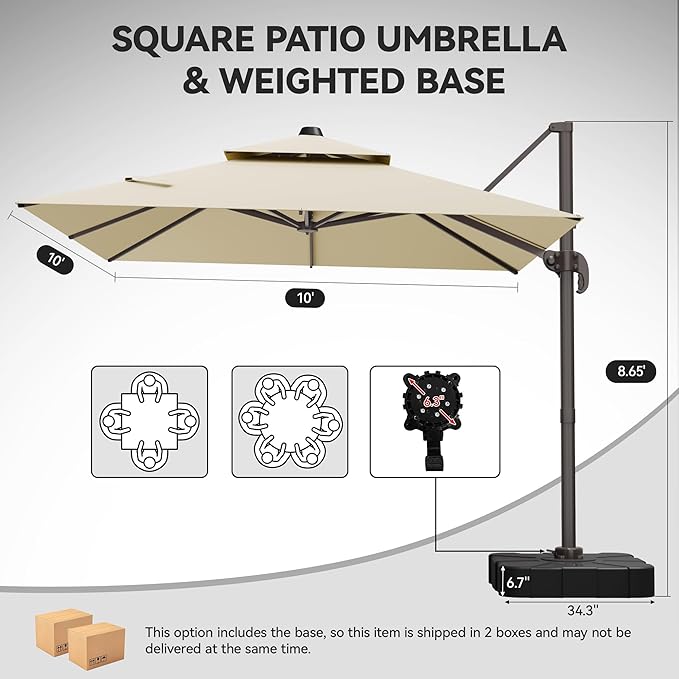 GENTEACO 10X10 FT Cantilever Umbrella with Base Included, Large Offset Patio Umbrella with Double Top, 6 Angle Tilts & 360° Rotation, Large Square Sun Umbrellas for Outdoor Pool Market, Beige