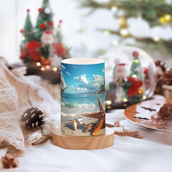 Starfish Pattern on Seaside Beach Flameless Candles Color Changing LED Candles with Remote Control Battery Candles for Outdoor and Indoor Home and Room Decoration, 3'' x 4''/5'' Set of 2 Pieces