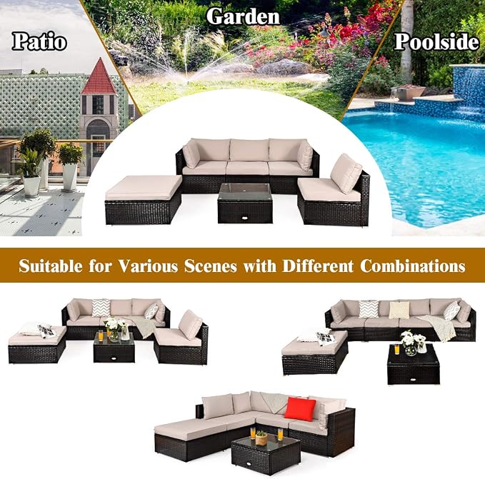 RELAX4LIFE 6-Piece Patio Sofa Set - Outdoor Sectional Sofa Set Wicker Conversation Set w/Table & Removable Cushions, Modular Sofa Set Patio Furniture for Backyard, Poolside, Balcony (Beige)