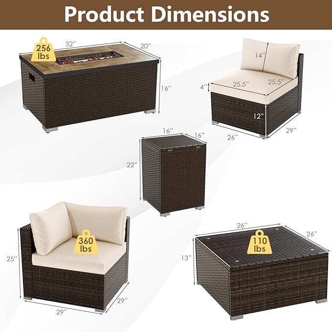 Tangkula 7 Pieces Outdoor Sectional Sofa Set Set with 32” Fire Pit Table and Propane Tank Cover, for Deck, Garden and Backyard, Fire Pit Protective Cover Included (Off White)