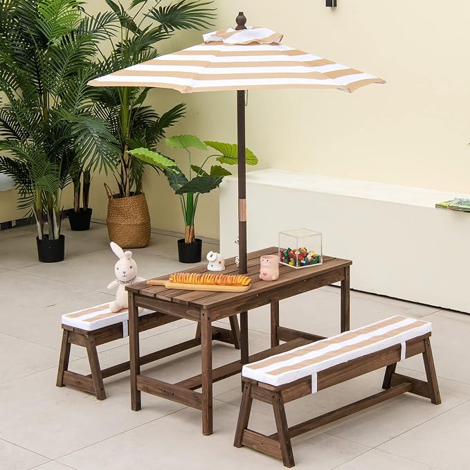 Olakids Kids Picnic Table, 2 in 1 Outdoor Toddler Wooden Table and Chair Set with Removable Cushions Height Adjustable Umbrella, Children Activity Furniture Bench for Patio Garden Backyard
