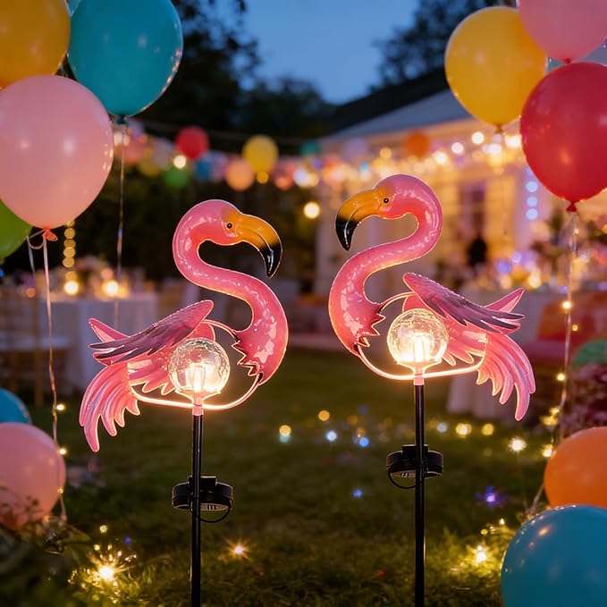 Pink Flamingo Lawn Light Garden Decor Solar Lights, for Yard Outdoor Decorations Ground Inserted Outdoor Waterproof Garden Lamp with Crackle Glass Ball LED (Warm White)