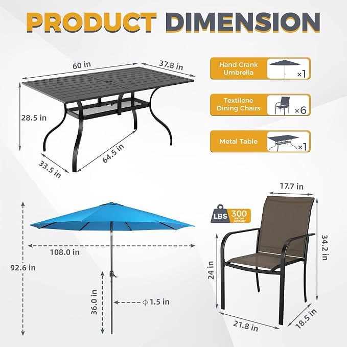 Incbruce 8 Pieces Patio Dining Set with Sky Blue Umbrella, Outdoor Dining Set of 6 Textilene Chairs and Rectangle Table with Umbrella Hole for Backyard, Garden, and Poolside (Brown)