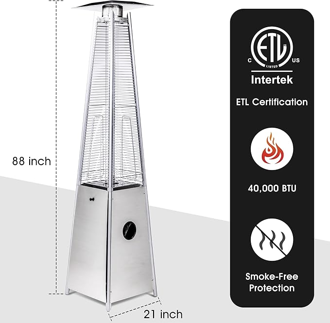Legacy Heating Quartz Galss Tube Patio Heater, Visual Flame Heater 40000BTU (Stainless Steel)