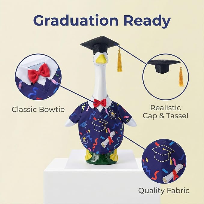 Graduation Porch Goose Outfits - 2Pcs Grad Cap & Gown Goose Outfits for 23 Inch Goose Statues, Includes Cap and Gown with Red Bowtie, Grad Porch Goose Decor for Lawn Garden Yard Party
