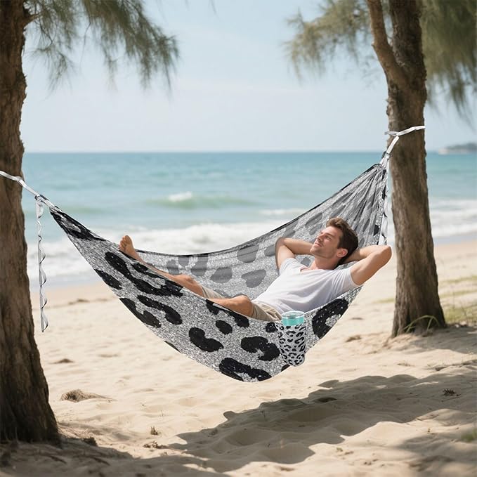 Fake Glitter Leopard Print Grey 330lb Capacity Camping Hammocks with Hanging Rope Swing Hammock for Indoor Outdoor Patio Base para hamacas para adultos