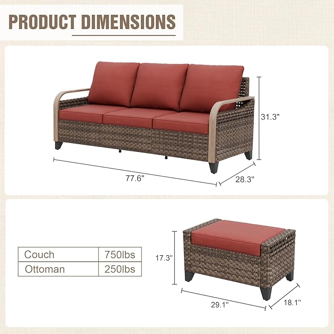 Modern Wicker Patio Furniture Set, Rattan Outdoor Conversation Set with Comfortable Cushions, 3 Seat Couch and 2 Ottomans, 3 Pieces, Brown/Red