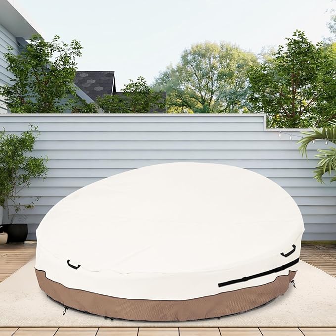 Heavy Duty 600D Waterproof Outdoor Daybed Cover for 75" Round Patio Sofa - UV-Resistant All-Weather Protection Furniture Cover with Air Vent, Fits 75" Dia x 35"/16" H (Beige)