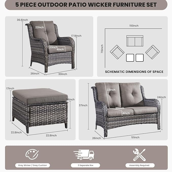 Belord Outdoor Wicker Furniture 5 Pieces Patio Furniture Set Patio Wicker Chairs with Ottomans Conversation Set for Porch Garden Deck Balcony Poolside