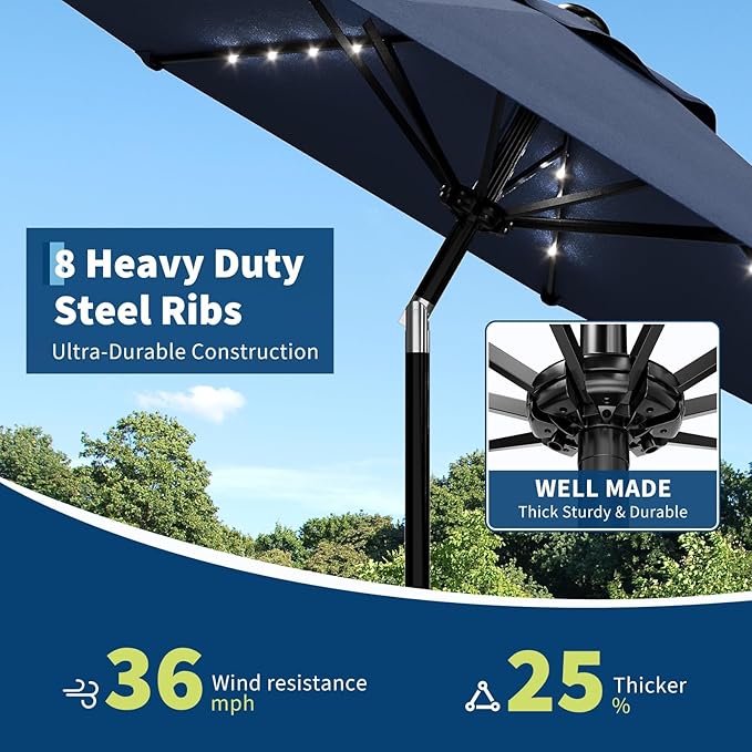 10 ft Patio Umbrella with Solar Lights, Outdoor LED Lighted Umbrella, 40 LED Lights & Tilt Crank, 8 Ribs for Poolside, Deck, Backyard