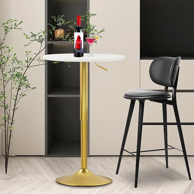 CLATINA Round Bar Pub Table, 26"-36" Height Adjustable Bistro Tables with Gold Base, 360°Swivel High Top Cocktail Table for Home Kitchen Party Drink Restaurant Wedding Cafe Office Reception,White,1PK