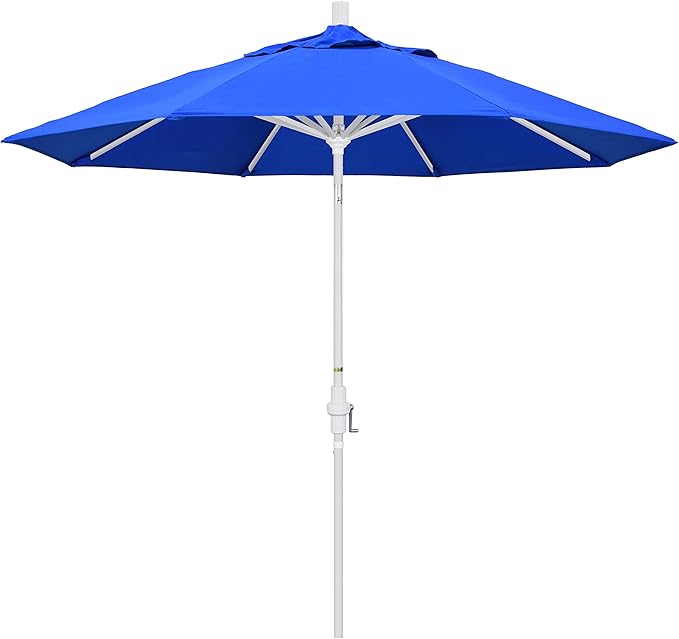 California Umbrella 9' Round Aluminum Patio Umbrella, Crank Lift, Collar Tilt, White Pole, Pacific Blue