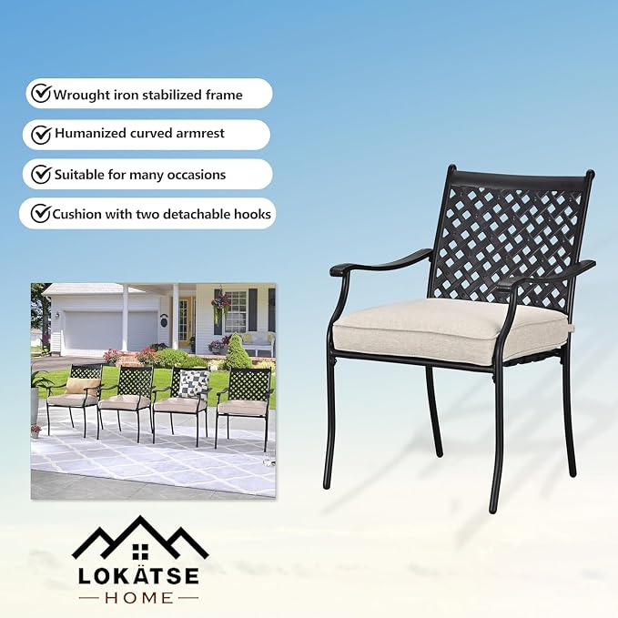 LOKATSE Home 5 PCS Outdoor Patio Dining Set with 4 Armchair with Cushions and 1 Round Table with 2.04" Umbrella Hole for Garden Backyard Poolside