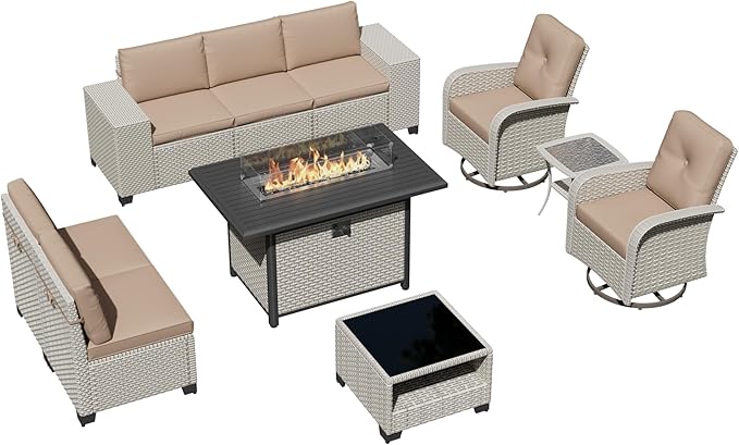 10-Piece Outdoor Patio Furniture Set, Modular Sectional Sofa Set with Swivel Rocker Chairs & Fire Pit, Wicker Outdoor Couch Conversation Sets w/Coffee Table and Cushions, Khaki
