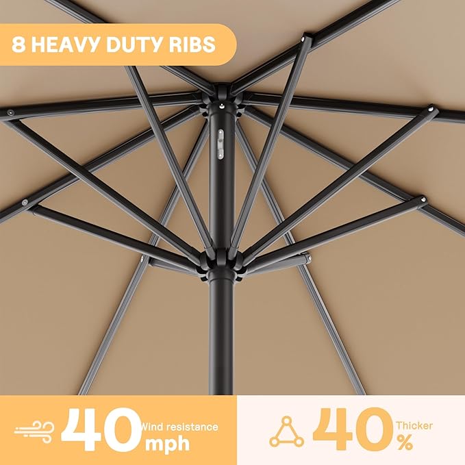 LEVELEVE 9FT Outdoor Patio Umbrella with Easy Crank - UV Resistant & Waterproof Market Umbrella with Ventilated Canopy, 8 Sturdy Ribs & Powder-Coated Frame for Garden, Deck, Backyard, Pool, Patio Table