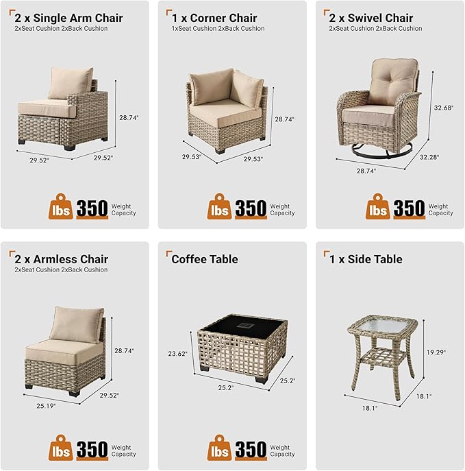 ovios 9 Piece Patio Sectional Furniture with Swivel Rocking Chairs, Rattan Wicker Coversation Couch Set, Outdoor Sofa Set for Outside Porch Balcony Backyard Pool, Beige