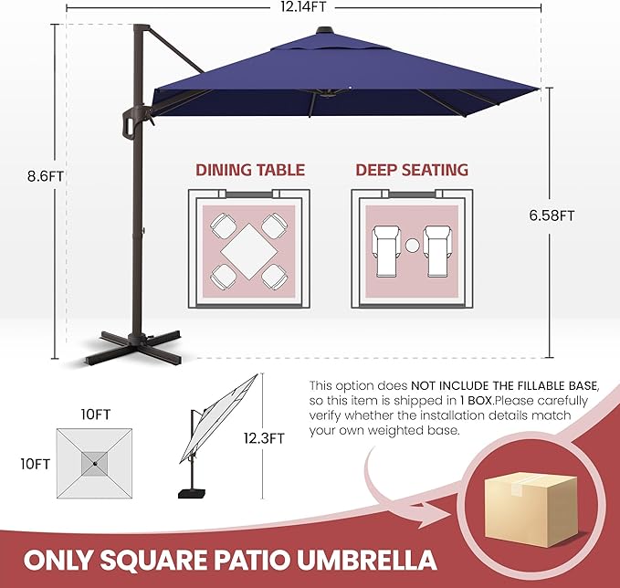 GENTEACO 10X10 FT Cantilever Umbrella, Large Offset Patio Umbrella with 6 Angle Tilts & 360° Rotation, Large Square Sun Umbrellas for Outdoor Patio Pool Deck Market, Navy Blue