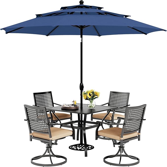 PHI VILLA 5 Pieces Outdoor Dining Set for 4 with Umbrella, 37" Metal Square Table & Swivel Wrought Iron Chair with Cushions & 10ft Red Umbrella, Modern Furniture for Patio, Deck, Porch, Yard
