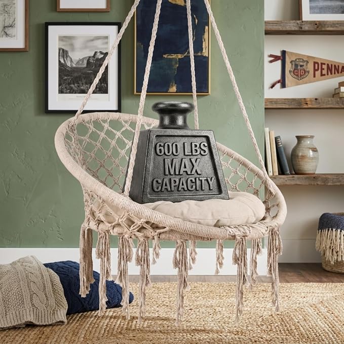 Light Beige Macrame Hammock, Stand-Free Hammock Without Stand, Cotton Porch Swing for Balcony Bedroom Homestay Garden Daily Relax Furniture