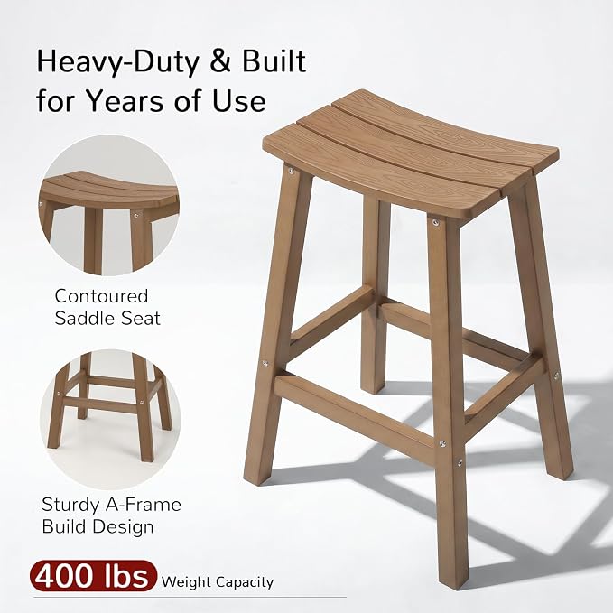 Stoog All-Weather Bar Stools Set of 2, 28" Outdoor Barstools with 400 lbs Capacity, Realistic Wood-Grain Texture, for Bar, Kitchen Counter, Pool & Patio, Teak