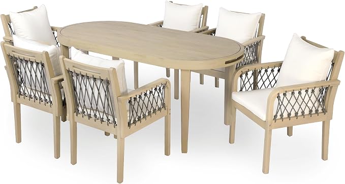 Christopher Knight Home Domac Acacia Wood Dining Table Set for 6, Solid Wood Outdoor Dining Set for 6, Oval Patio Dining Table and Chair Set with Cushion & Rope Accent, Cream Beige+Grey+Light Teak