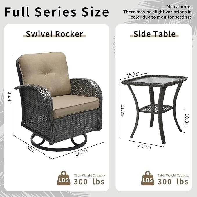 3 Piece Outdoor Swivel Rocker Patio Chairs, All-Weather Rattan Chair, Wicker Glider Patio Furniture Set with Side Table, for Garden, Backyard, Deck, Gray Rattan & Khaki Cushions
