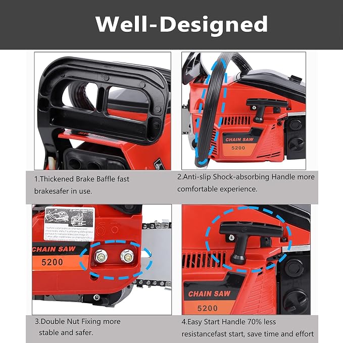 52CC Gas Chainsaw, 22-Inch 2KW Professional Grade Chain Saw with 8500rpm High-Speed Cutting, Lightweight 2-Stroke Engine for Wood Logging, Tree Pruning, Gardening & Landscaping