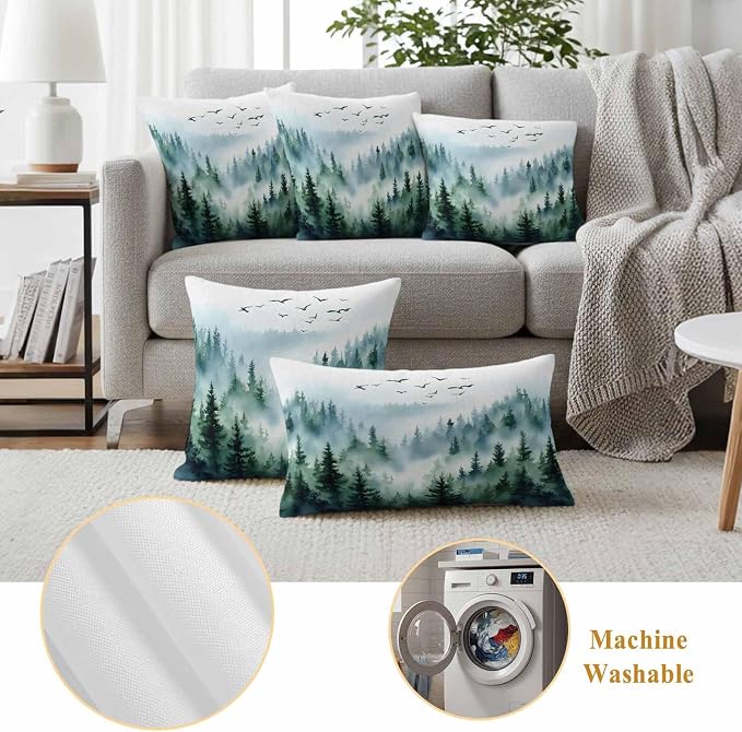 Bird Fog Forest Outdoor Waterproof Throw Pillow Covers Set of 2, 20"x12", Abstract Spring Dark Green Forest Tree Mystery Watercolor Decorative Pillow Covers Outside Cushion Case for Patio Porch Garden