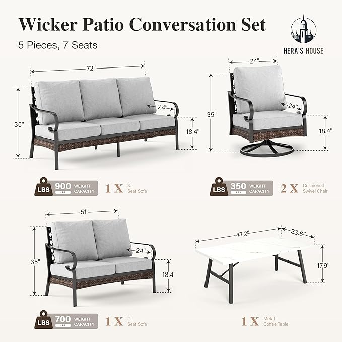 HERA'S HOUSE 5 Piece Metal Patio Furniture Set, 7 Seats All Weather Outdoor Conversation Set, 3 Seat Sofa with Loveseat, 2 Swivel Chairs, Coffee Table for Backyard, Garden, Deck, Light Grey