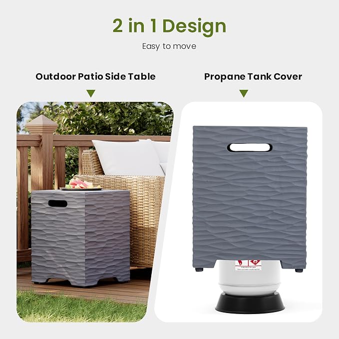 COSIEST Outdoor Propane Tank Cover Table with Wave Design, 16 inch Outside Hideaway Tank Table, Hides Standard 20lb Tank, Gray