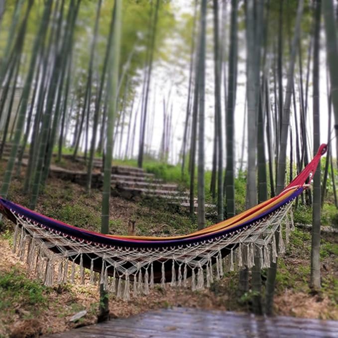Cotton Canvas Tassel Hammock, Double Boho Hammocks with Macrame Fringe, Portable Camping Indoor Outdoor Garden Hammock Swing with Travel Bag, 150kg Load Capacity Color Stripes