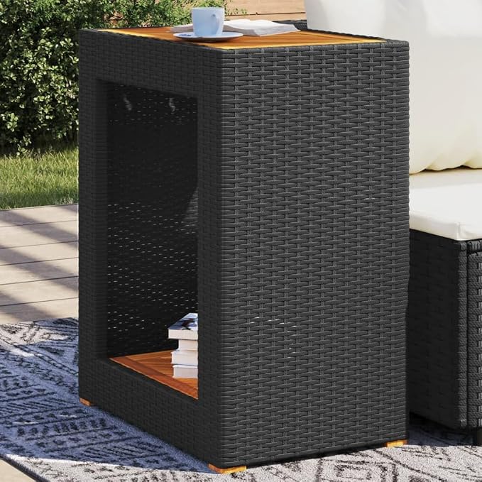 Patio Side Table with Wooden Top Black 23.6"x15.7"x29.5" Poly Rattan End for Outdoor Furniture Garden Backyard Patio Coffee Table
