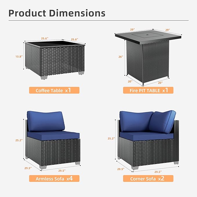 8-Piece Outdoor Patio Sectional Sofa Set with Fire Pit Table – PE Wicker Rattan Modular Conversation Furniture, Cushions & Clips Included – Patio Couch for Porch, Backyard, Poolside, Garden
