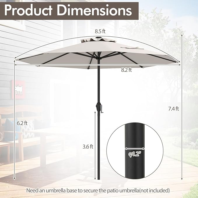 Tangkula 8.5 FT Outdoor Patio Umbrella, Modern Table Umbrella with 8 Heavy Duty Ribs, Vented Top & Crank Handle, Sun-proof Canopy, Market Umbrella for Patio, Garden, Poolside (Beige)