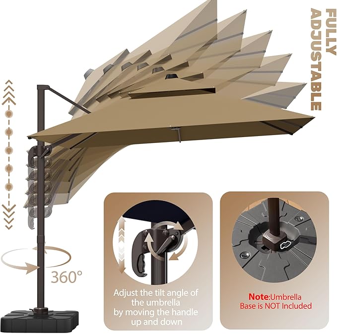 10x10Ft Patio Umbrella Outdoor Cantilever Rectangle Umbrella, 6-Level Tilt & 360° Rotation Offset Umbrella for Garden, Deck, Pool(Brown)
