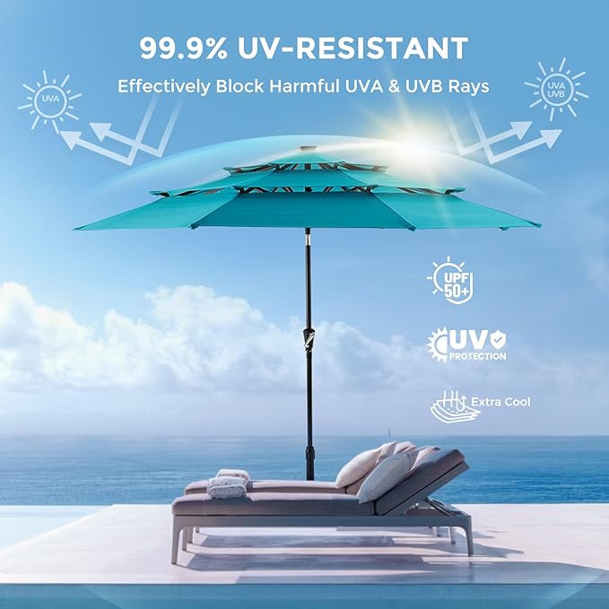 HOMSHADE 9FT 3-Tier Solar Patio Umbrella,Vented Market Table Umbrella Windproof w/32 LED Lights, UPF50+, 5-Year Fade Resistant, 8 Thicker Ribs for Pool, Lawn, Garden, Deck (Light Blue)