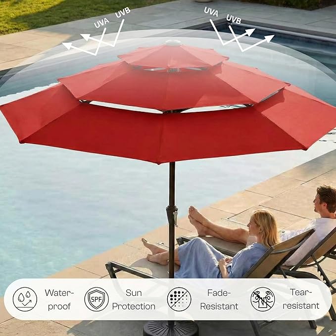 10ft 3-Tier Patio Umbrella with 32 Solar Powered LED Lights, Windproof Outdoor Market Umbrella for Deck, Poolside & Garden, Sturdy Push-Button Tilt Table Umbrella, Red