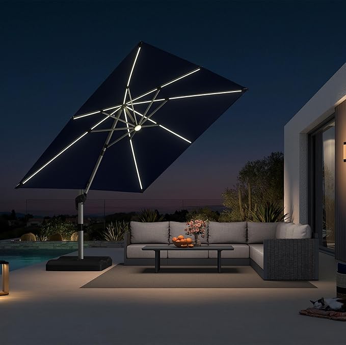 PURPLE LEAF 10 Feet Patio Umbrella with Lights Outdoor Square Cantilever Umbrella Solar Powered LED with 360-degree Rotation for Garden Deck Pool Patio,Navy Blue