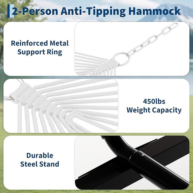 2-Person Hammock with Stand, 450lbs Capacity, Padded Polyester, Heavy-Duty Steel Frame, Portable Carry Bag for Patio, Backyard & Poolside